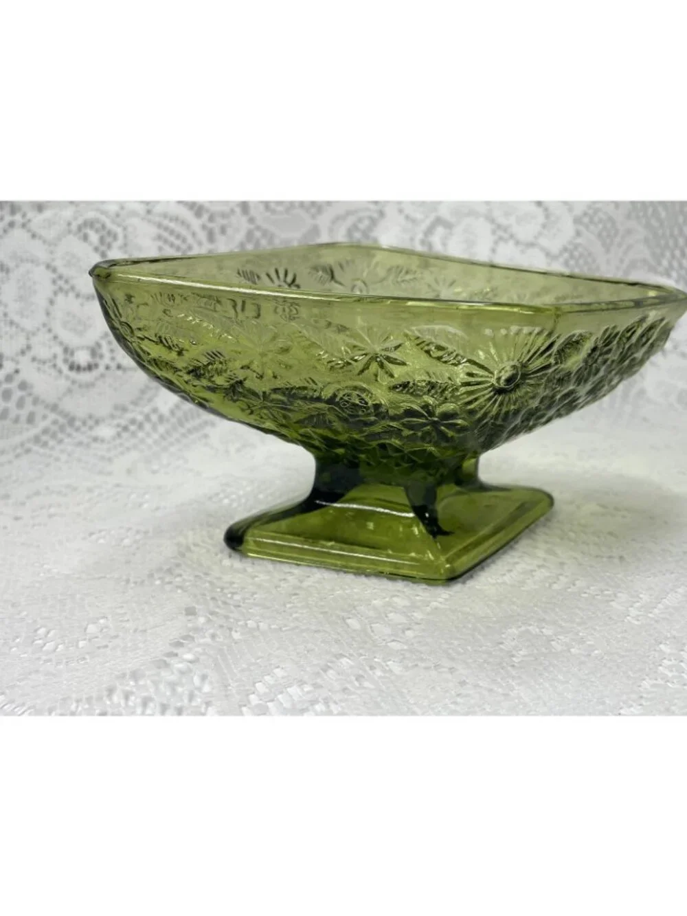 Vintage Green Indiana Glass Daisy Floral Candy Dish, Diamond Shaped Dish